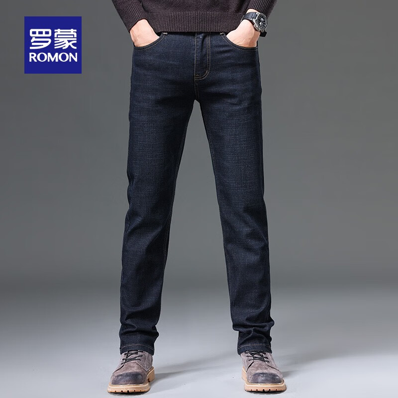 罗蒙商务牛仔裤男秋冬款男士休闲裤弹力厚款直筒裤百搭保暖长裤男 S1K34208H黑色 34