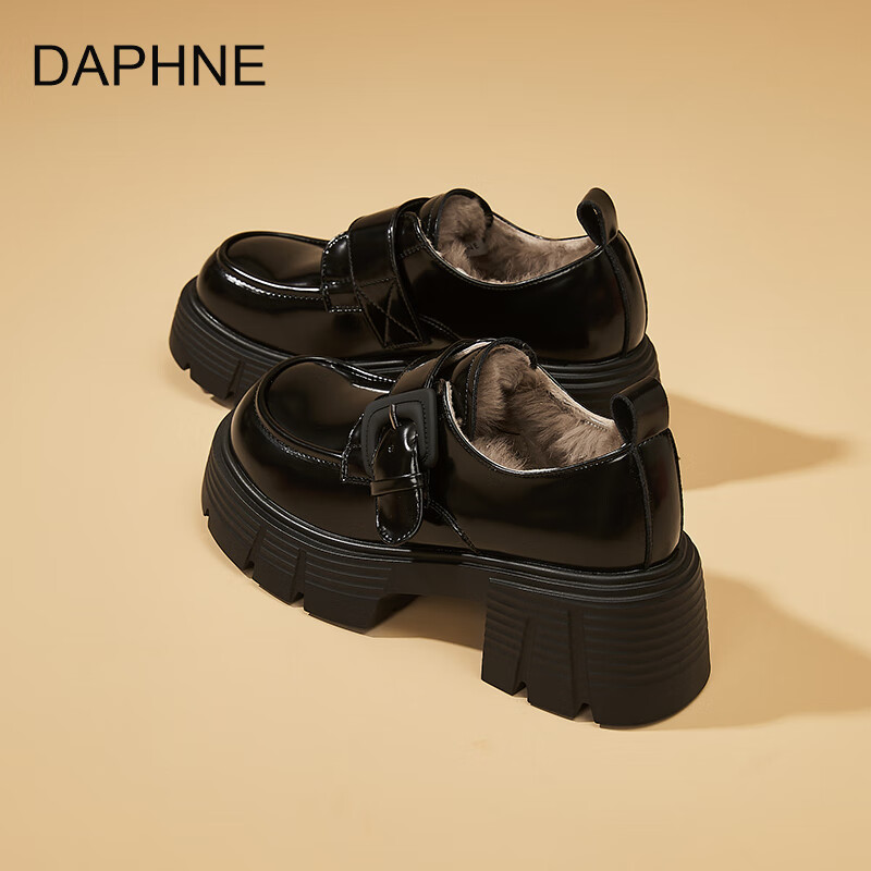 达芙妮加绒乐福鞋厚底百搭2025秋冬新款复古学院jk鞋子女增高黑色小皮鞋 黑色 加绒 38
