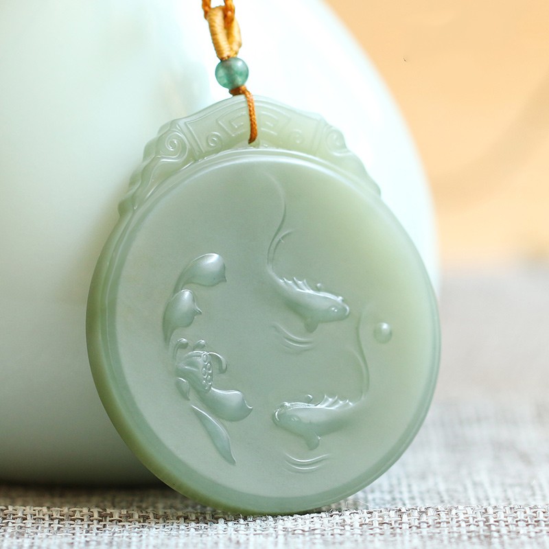 珠玥珠宝 和田玉青白玉吊坠圆形玉牌连年有鱼挂件男女款玉佩