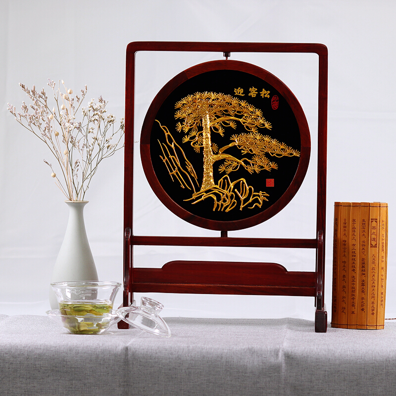 宏火阁礼品   芜湖铁画手工红花梨木双面迎客松中国特色手工艺定制