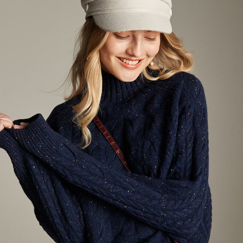 帕罗（PALUOPO）100%纯山羊绒衫女式立体绞花7G半高领针织衫保暖加厚插肩袖毛衣 彩点藏青 XL 170/110