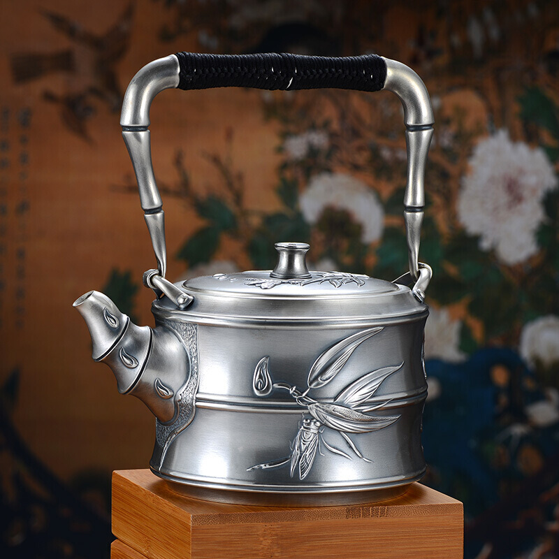百年匠器 银茶壶999足银茶具实用泡茶杯竹报平安银器皿 大套装 银总重约1254克