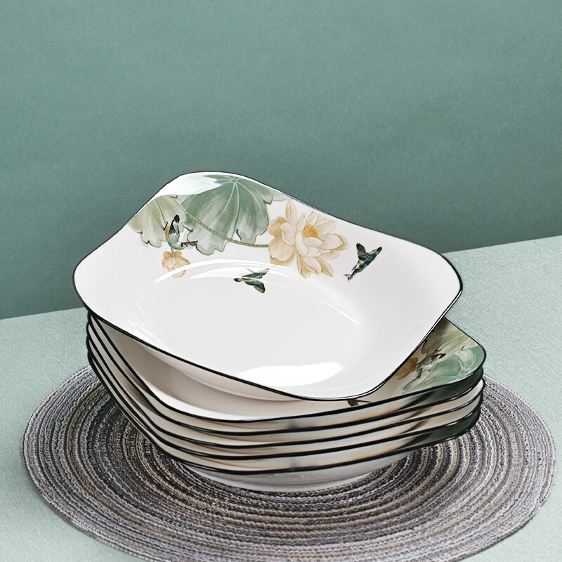 瓷秀源陶瓷盘子套装菜盘组合家用新中式釉中彩碟子餐盘炒菜深盘2021新款 8英寸方盘6个装