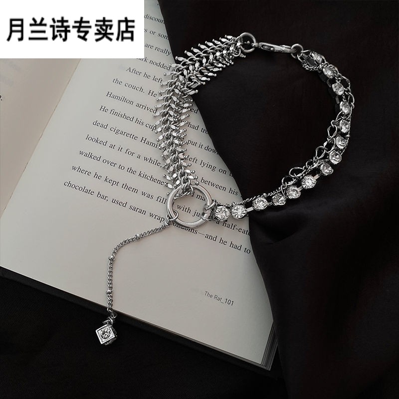 设计感锁骨链女水钻鱼骨choker颈链ins嘻哈潮网红 夸张锆石鱼骨项链