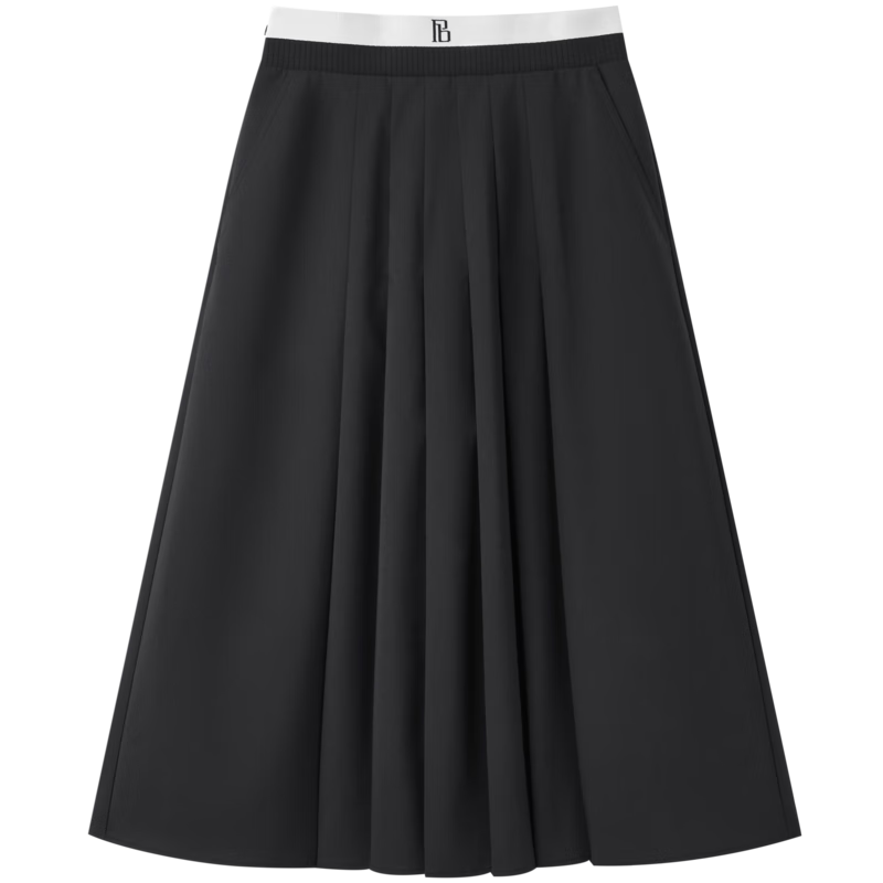 太平鸟女装秋季气质百褶半身裙女士拼接收腰中长裙a字裙 黑色 s 194.