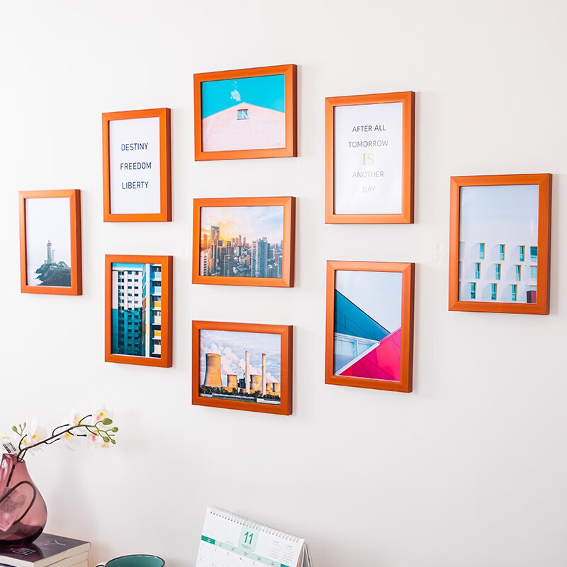 简约照片墙5寸6寸7寸10寸九宫格创意组合相框挂墙卧室客厅装饰画 柚木