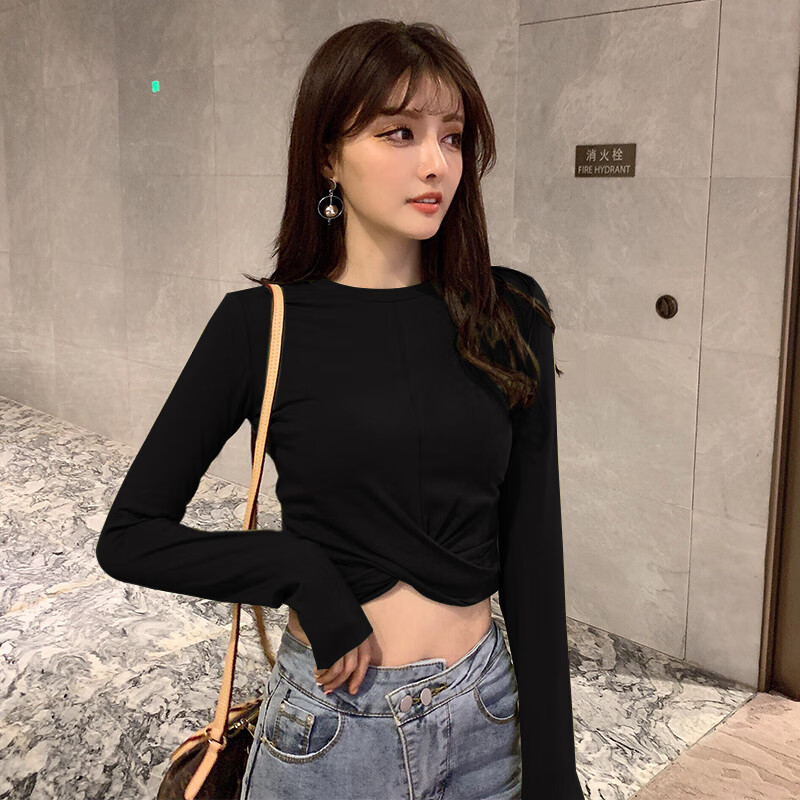 爵士舞上衣紧身漏肚脐短款长袖t恤女秋冬jazz蹈服装露脐装打底衫 黑色