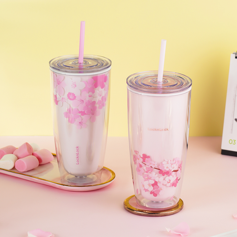 乐扣乐扣(LOCK&LOCK) 樱花杯水杯子双层杯身易开盖易清洗塑料杯吸管杯水杯女 HAP509PIN-樱花粉-750ML