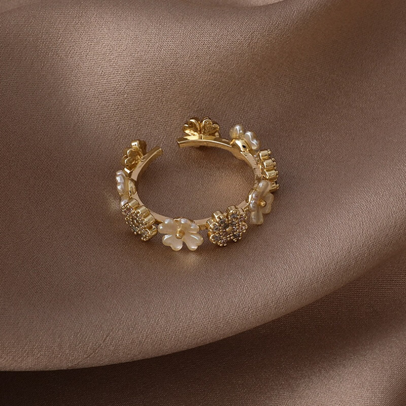 微镶锆石贝壳小花花戒指开口可调节花朵戒指指环春天搭配首饰 主图款
