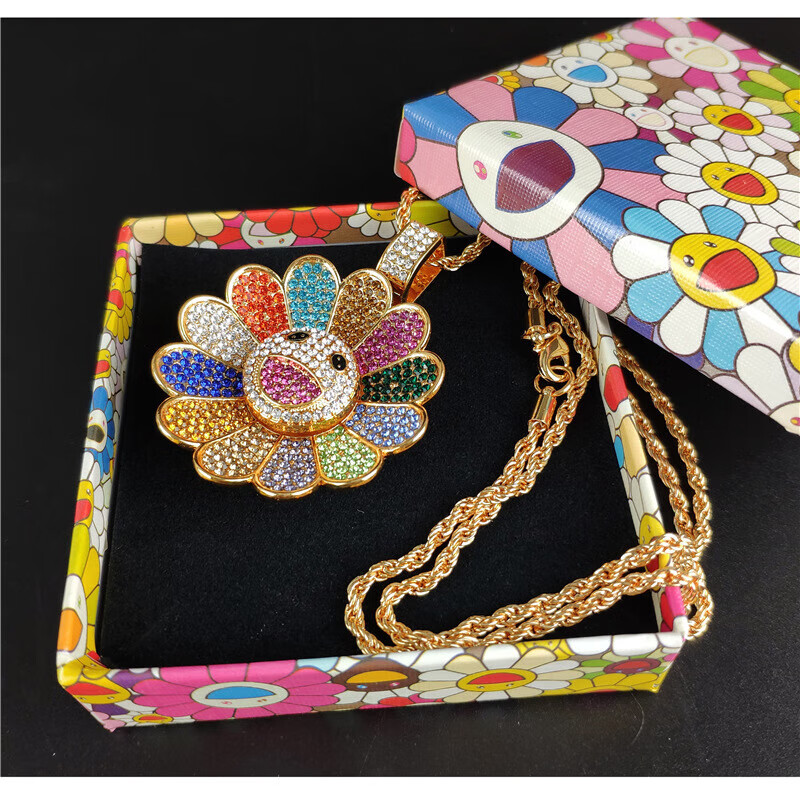 snqp村上隆太阳花项链 多彩笑脸太阳花葵花向日葵七彩造型可转动项链