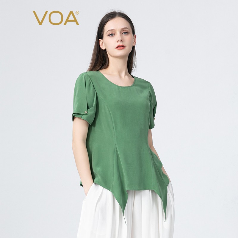 VOA30姆米重磅真丝圆领荷叶短袖一钉珠尖角摆复古优雅T恤 BE912 绿杨荫里（G32） 165/L