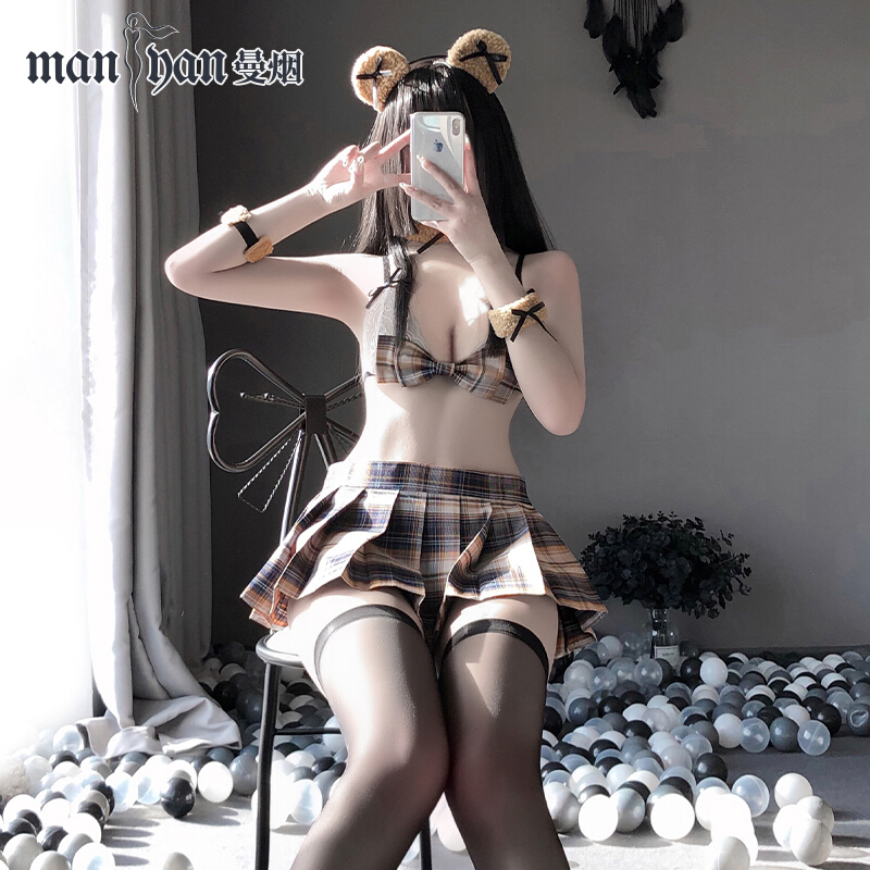 曼烟jk制服诱惑 角色扮演 性感三点式套装 花灰色暖阳格子百褶裙 乖乖