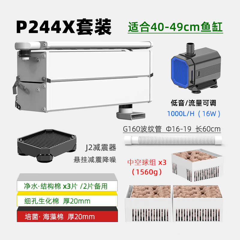 泊蘭滴流盒魚缸過濾器水循環(huán)過濾盒壁掛頂部過濾槽低音凈水系統(tǒng)上濾盒 P244X+混合凈化組+1000L泵+水泵減震