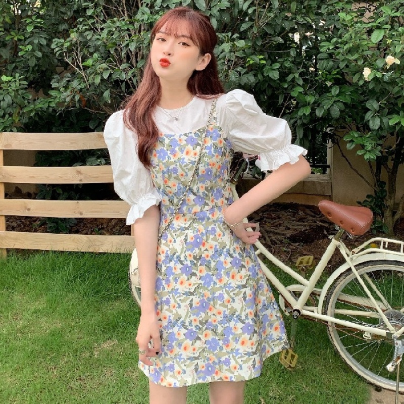 冰芷水 法式碎花连衣裙女装夏新款少女甜美森系泡泡袖两件套吊带字裙