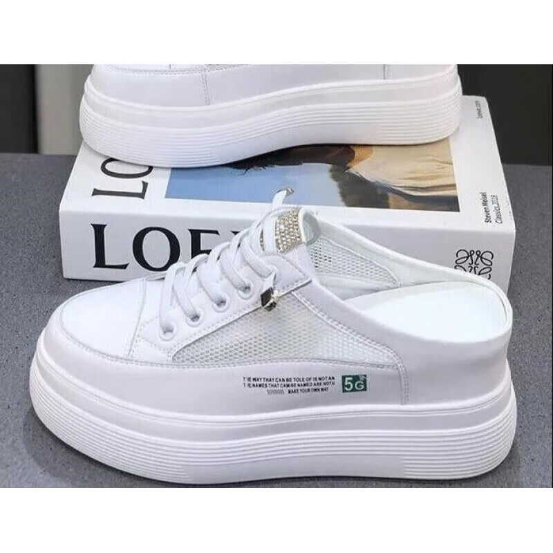 伐柯无跟帆布鞋女半拖式女鞋半拖女白鞋包头半拖鞋新款网面透气 36 脚