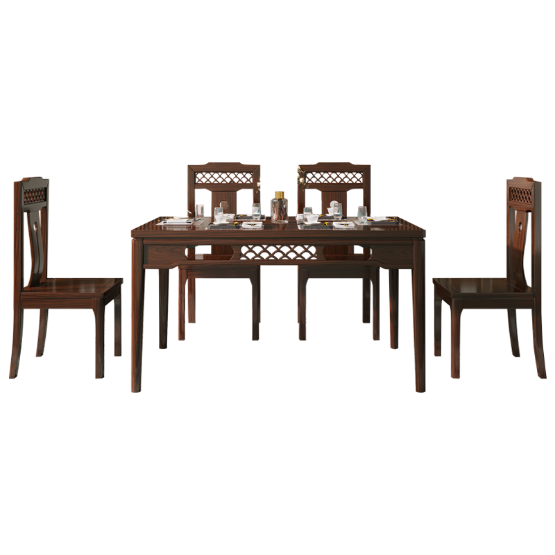 【5折】梦美斯宣 餐桌 新中式实木餐桌乌金木餐厅家具现代简约轻奢餐台饭桌全实木 OYF-8803 【乌金木】一桌四椅(木面)