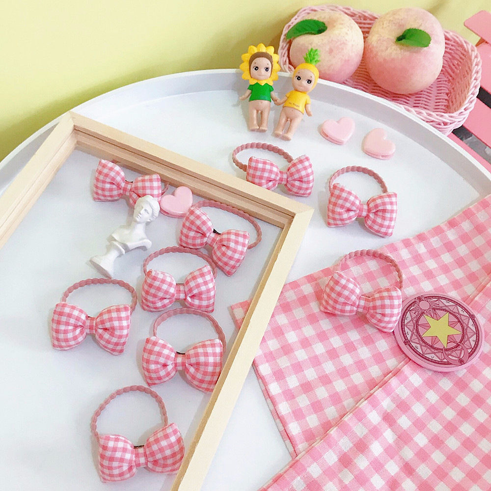 万宝资日系可爱少女心粉格子蝴蝶结发圈软妹林小宅发绳少女皮筋头绳