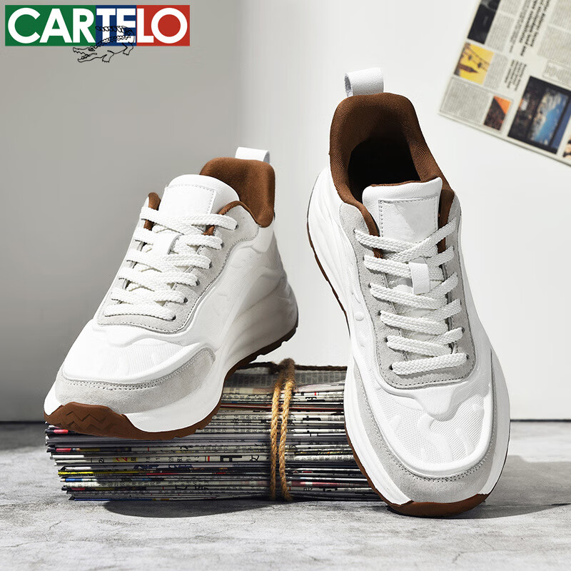 卡帝乐鳄鱼男鞋春夏季真皮复古厚底增高老爹鞋防滑鞋子男跑步减震运动休闲鞋 米色[四季款] QH8311 40 [运动鞋码]