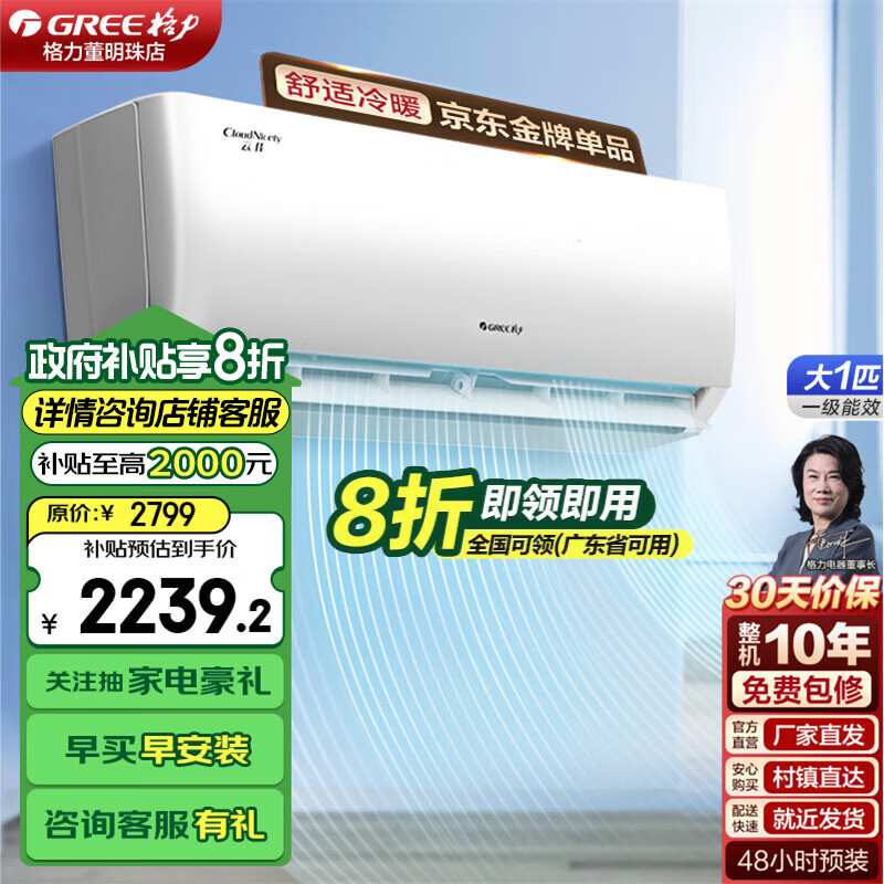 格力（GREE）空调云佳 新一级能效 变频冷暖 自清洁 壁挂式空调挂机 56°C高温自洁 客厅变频空调 1匹 一级能效 KFR-26GW/NhGd1B 格力