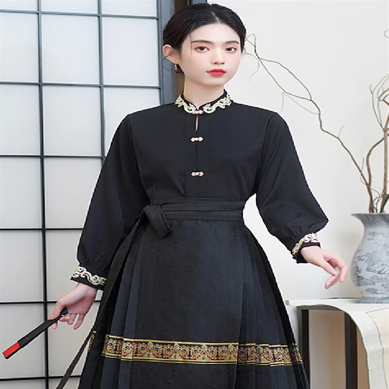 马面裙上衣搭配新中式国风刺绣衬衫女春夏日常汉元素黑色汉服衬衣