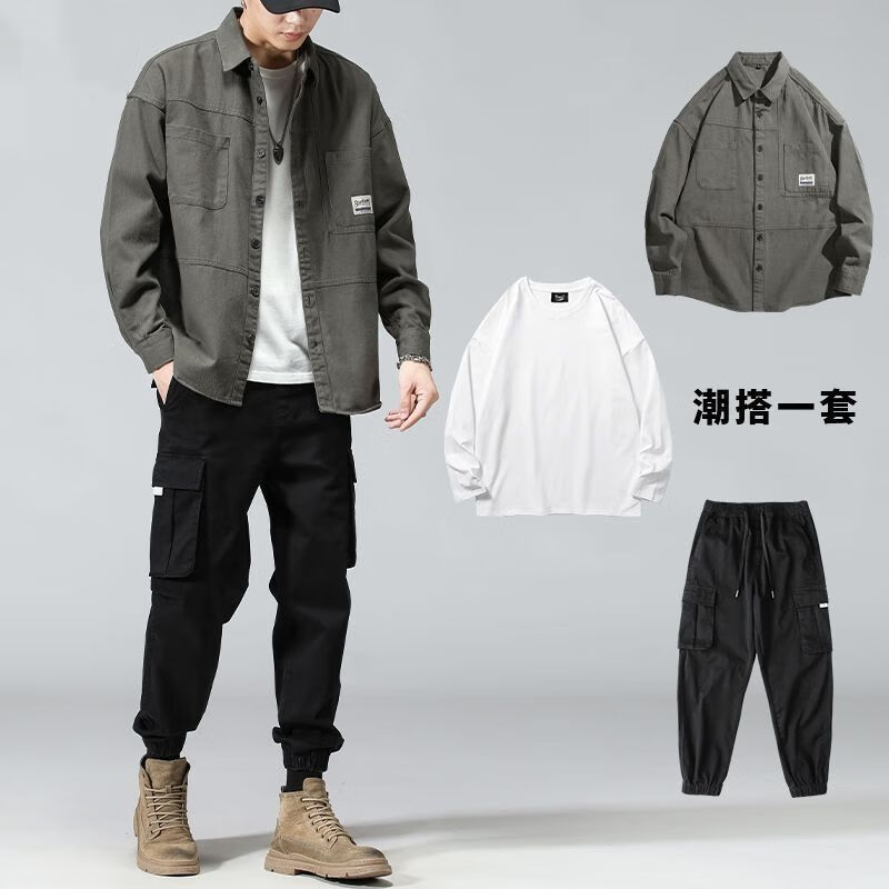 833军绿衬衫 长袖白t 007黑裤 m