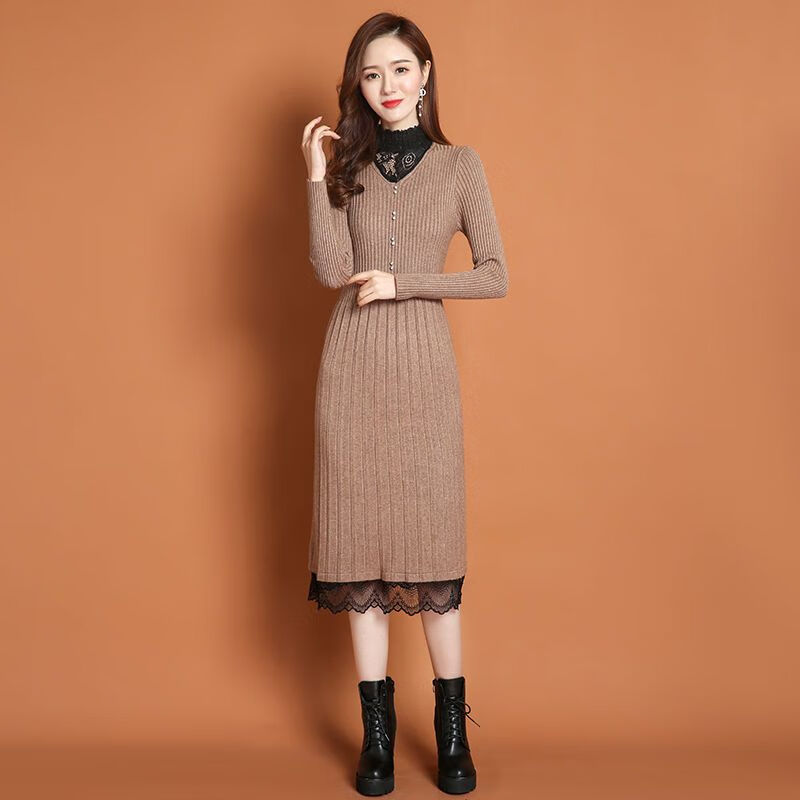 系搭配打底连衣女内搭秋冬冬季保暖全身加绒打底连衣裙中长款韩 驼色