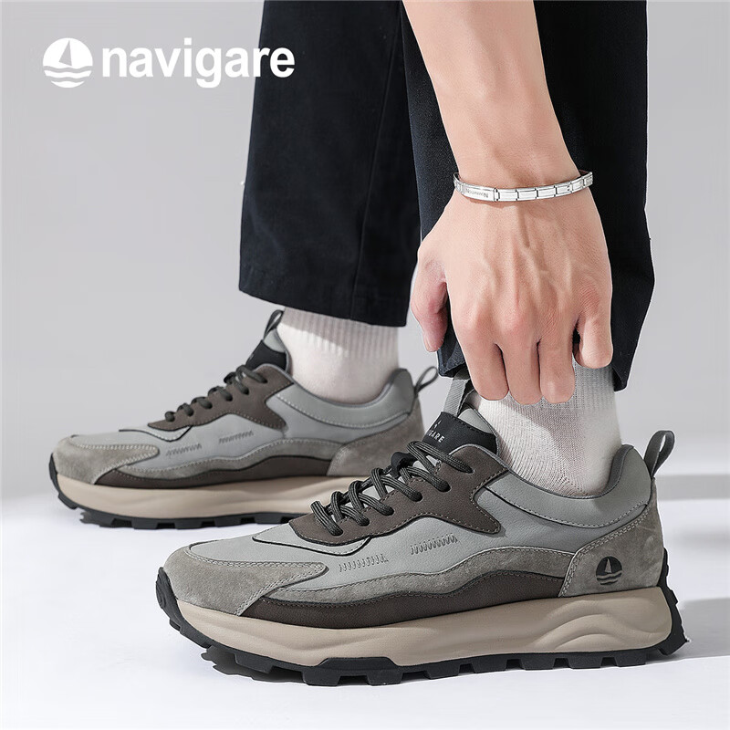 纳维凯尔(Navigare)意大利小帆船春季新款透气增高防滑轻便潮流男鞋老爹鞋休闲运动鞋 灰色【增高款】 适合 10℃-15℃ 42 (260mm)