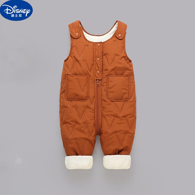 迪士尼（Disney）兒童背帶褲男童女童秋冬一體絨棉褲寶寶開檔小童嬰兒加厚外穿褲子 咖色加絨加厚- 100