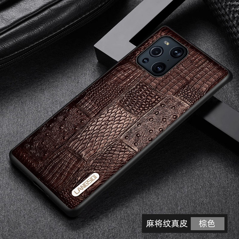 锦灏 OPPO Find X3 Pro手机壳真皮find x2全包防摔保护套时尚商务高档男女单底后盖 OPPO Find X3 头层牛皮麻将纹棕色