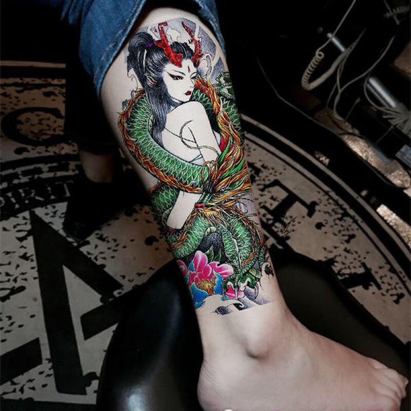 妙微熊刹车印龙女纹身贴花臂小腿青龙虞姬艺彩色性感美女仿真防水 一