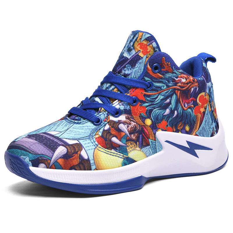 男童鞋子新款中大童小学生鸳鸯涂鸦篮球鞋潮流休闲儿童运动鞋 蓝色 32