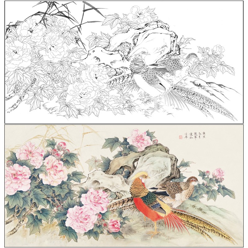 工笔画白描底稿陈军锦鸡四尺原作大小66×128厘米花鸟线稿带a3步骤图