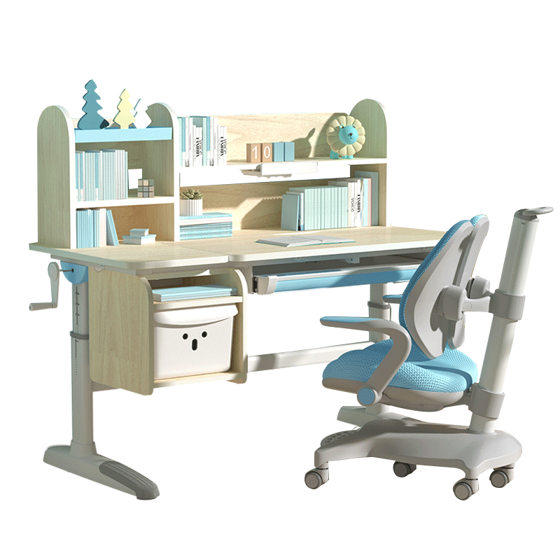 京东京造自有品牌 儿童学习桌椅 实木学习桌 儿童书桌椅套装 学生书桌 写字桌 可升降带书架 1.12米 蓝