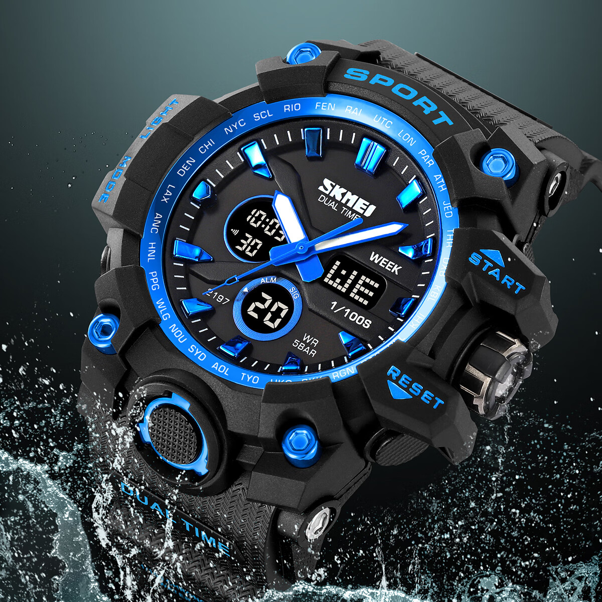 时刻美青少年电子手表男款学生初高中生潮流多功能运动防水闹钟腕表2197 蓝色