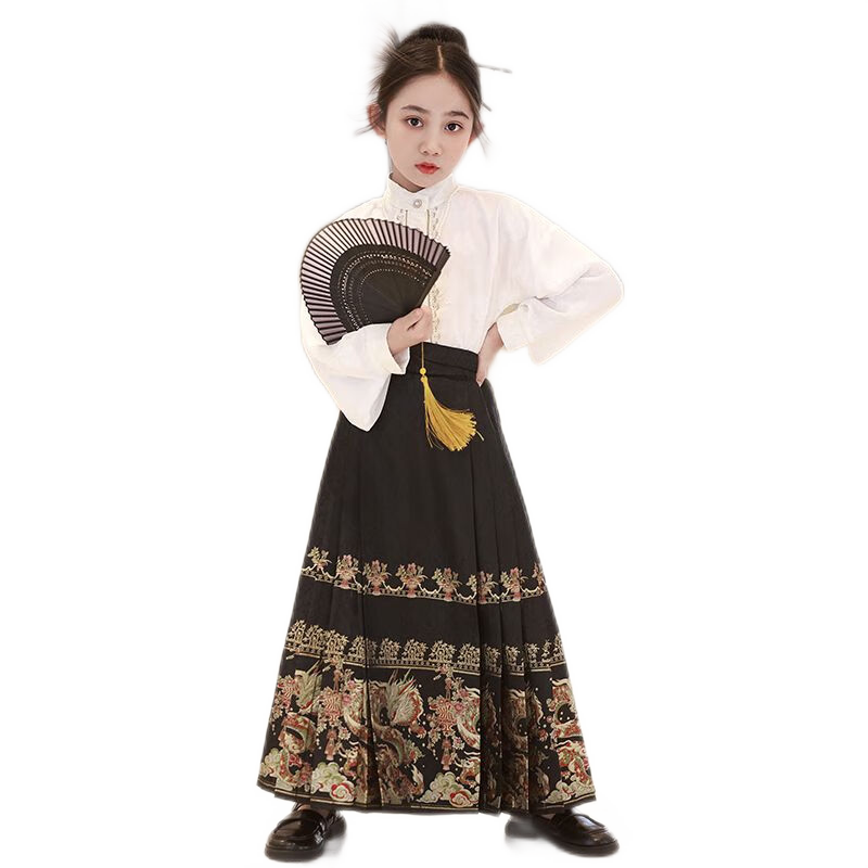 迪士尼（Disney）女童漢服馬面裙套裝2025新款秋季兒童中國古裝小女孩民族風(fēng) 2708黑色[單馬面裙] 110