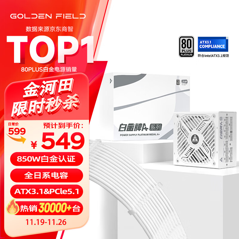 金河田(Golden field)白金A+850W 全白版 ATX3.1电脑电源 白金认证/全日系电解电容+全日系固态电容/压纹线/稳压4080S