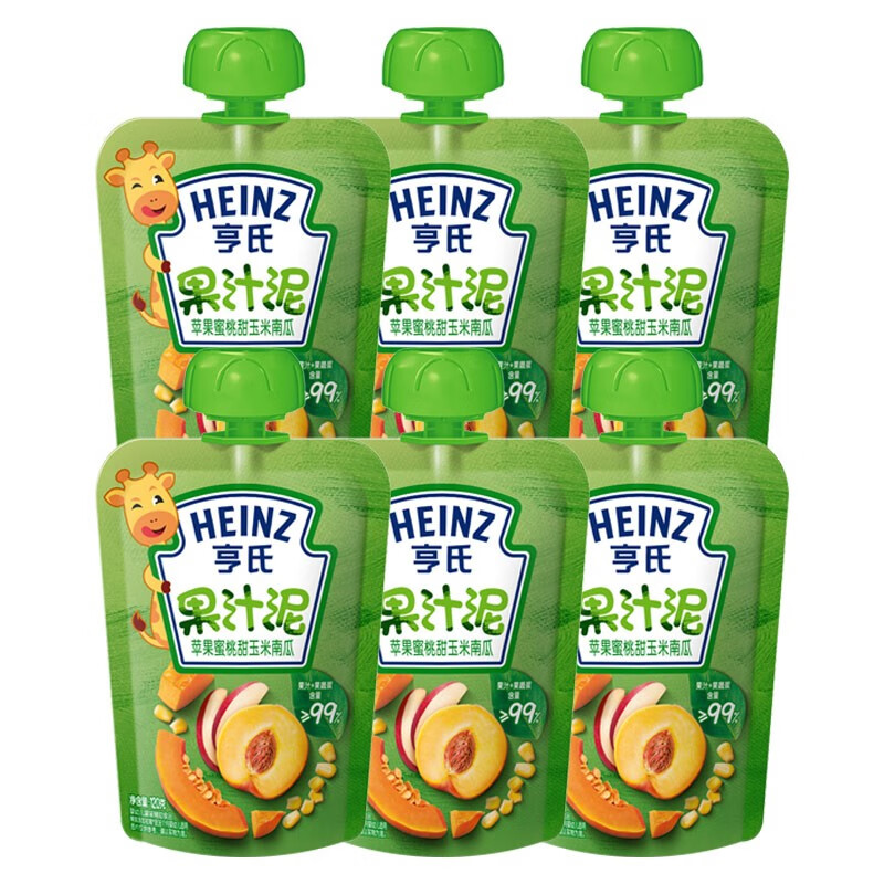 亨氏（Heinz）果汁泥 婴儿水果泥 乐维滋清乐宝宝辅食120g *6包装 苹果蜜桃玉米南瓜果汁泥