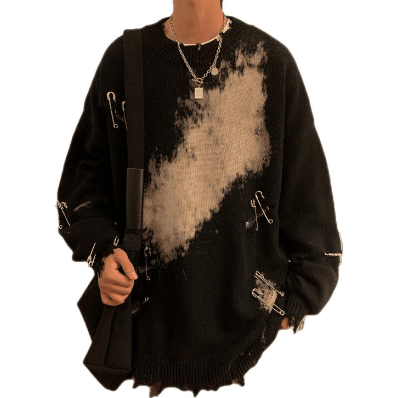 PUGESI粉色破洞毛衣設(shè)計(jì)感小眾男冬季乞丐別針扎染針織衫日系慵懶風(fēng)外套 黑色 M