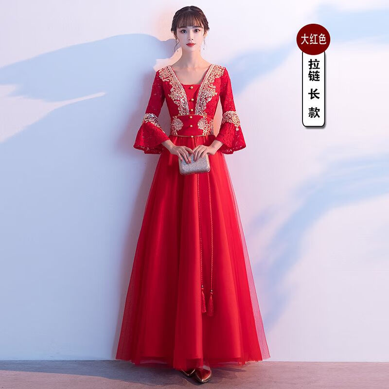 服晚礼服新娘孕妇2023新款婚礼宴会大码胖mm春季长袖 ah088大红色长款