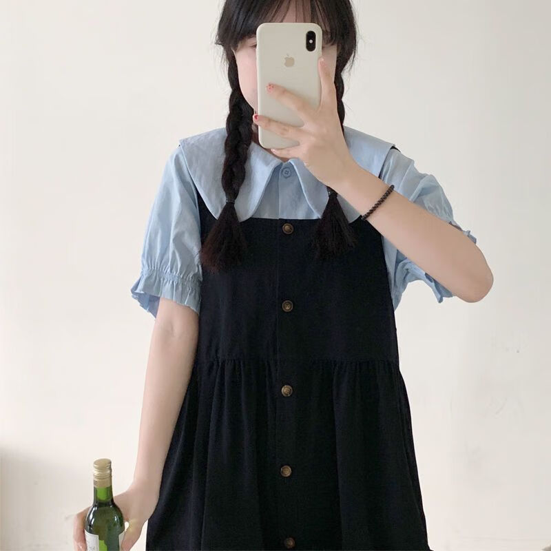 幻领格秋冬连衣学院风可爱小清新少女初中生女生子反两穿背带裙女学生