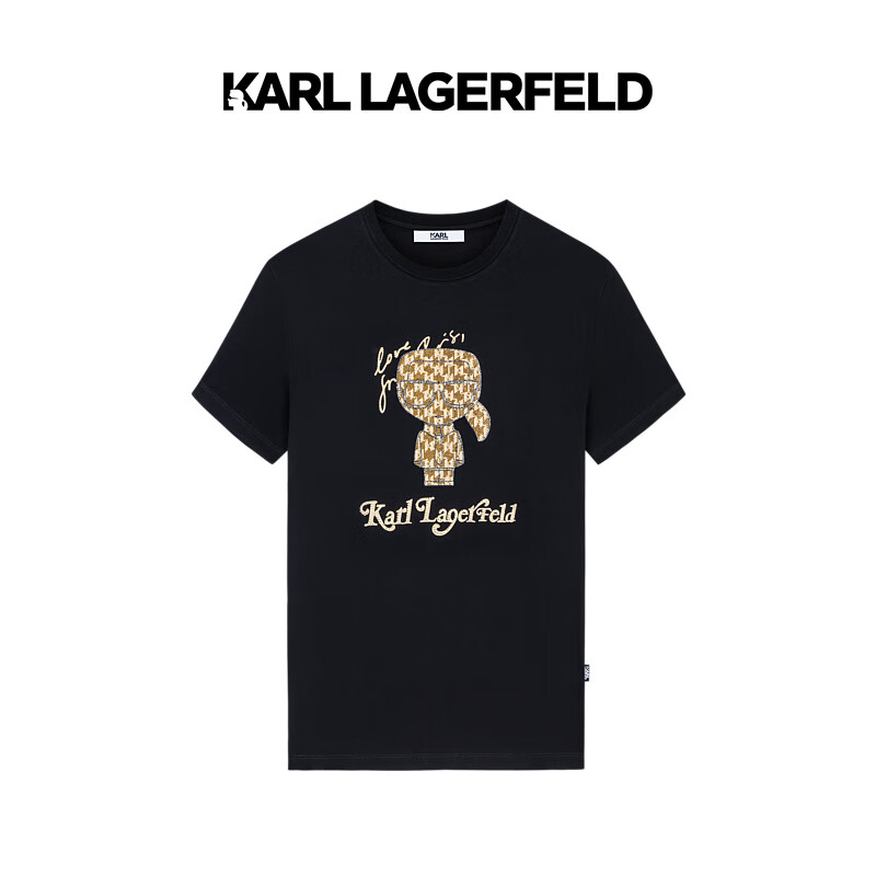Karl Lagerfeld卡尔拉格斐轻奢老佛爷男装夏款 金色KARL大卡通图案白色短袖T恤 黑色 M