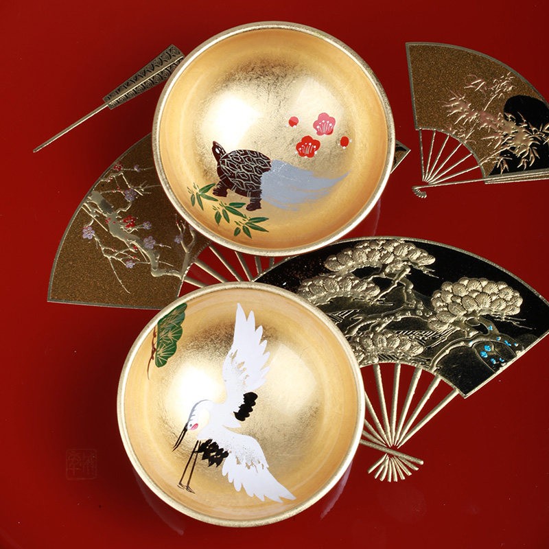 乙御前 日本漆器对杯金箔茶杯夫妻杯金箔莳绘对盃 款式一