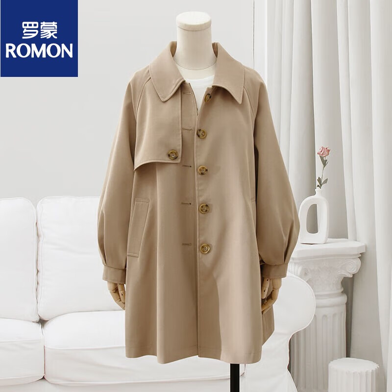 罗蒙(romon)风衣女早春款新款学院风灯笼袖单排扣外套女韩版小个子