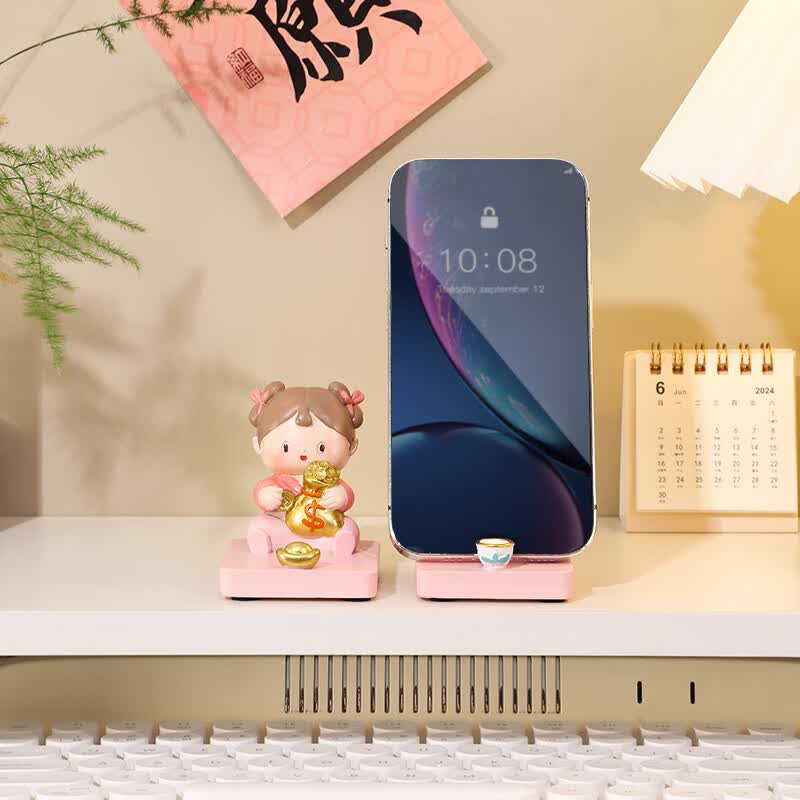 如果实用手机架摆件创意可爱装饰固定架办公室工位桌面送女生追剧礼物 小君手机架全套送礼袋