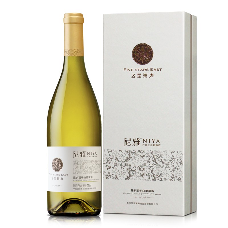 尼雅(niya)红酒 五星东方 2019 霞多丽干白葡萄酒 750ml 单支礼盒装