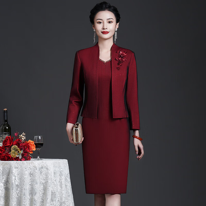 坊戚国庆儿子结婚妈妈装婚礼服秋冬长袖短款外套喜庆婆婆连衣裙两件套