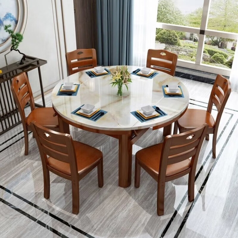 楠巢树木大理石餐桌椅组合实木餐桌子家用折叠可伸缩6/10人小户型圆形饭桌 大理石1.2米一桌四椅