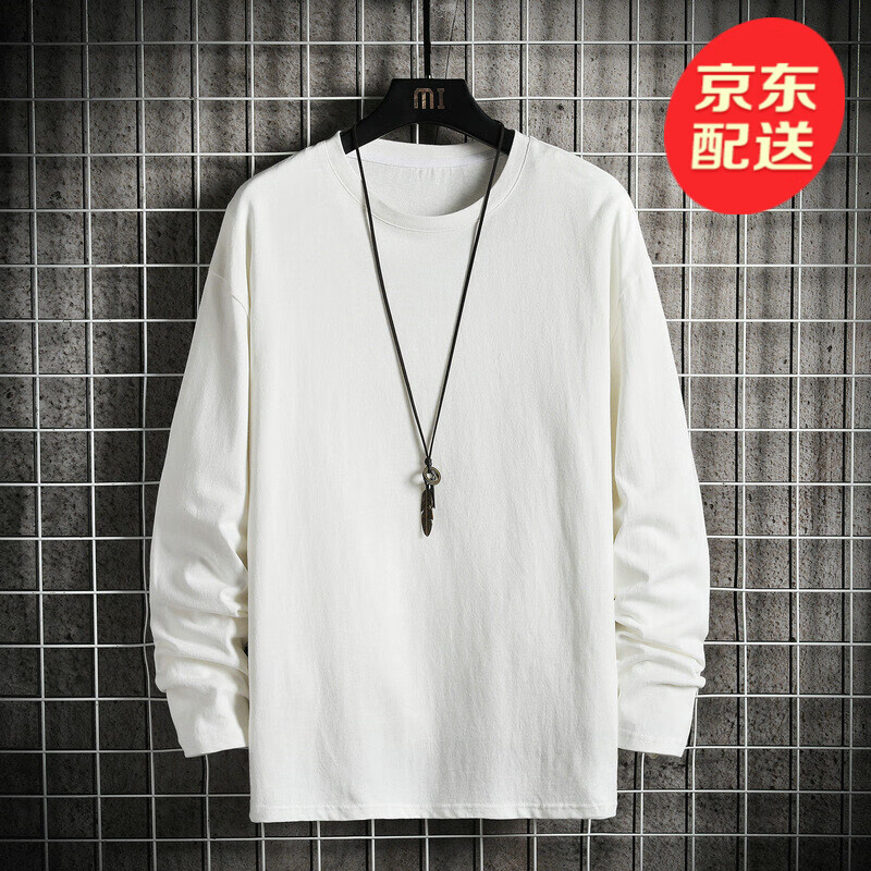 长袖t恤男2022秋季新款情侣纯棉圆领宽松纯色上衣打底衫潮 白色 3xl