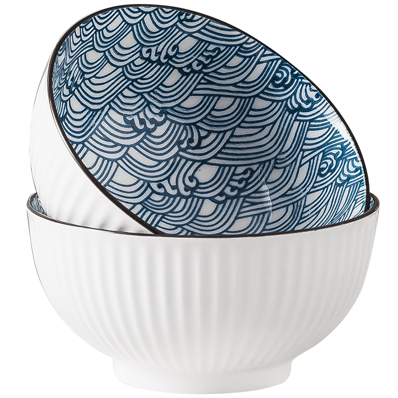 浩雅 陶瓷餐具釉下彩日式景德镇餐具汤碗微波炉适用6英寸浪海面碗2个装100037259516