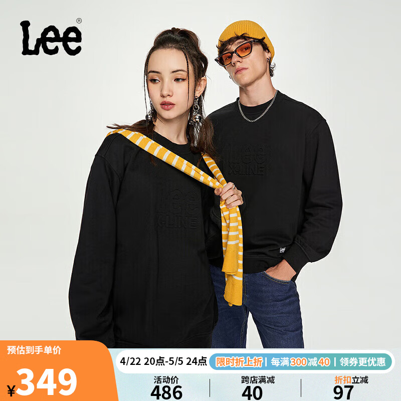 Lee23秋冬舒适版浮雕logo男女同款抓绒卫衣 黑色 L 